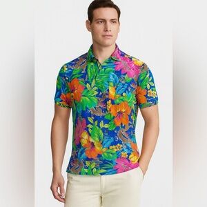 POLO RALPH LAUREN MEN SHIRT FEATHERWEIGHT MESH DRAGON HAWAIIAN BLUE ORANGE VTG L
